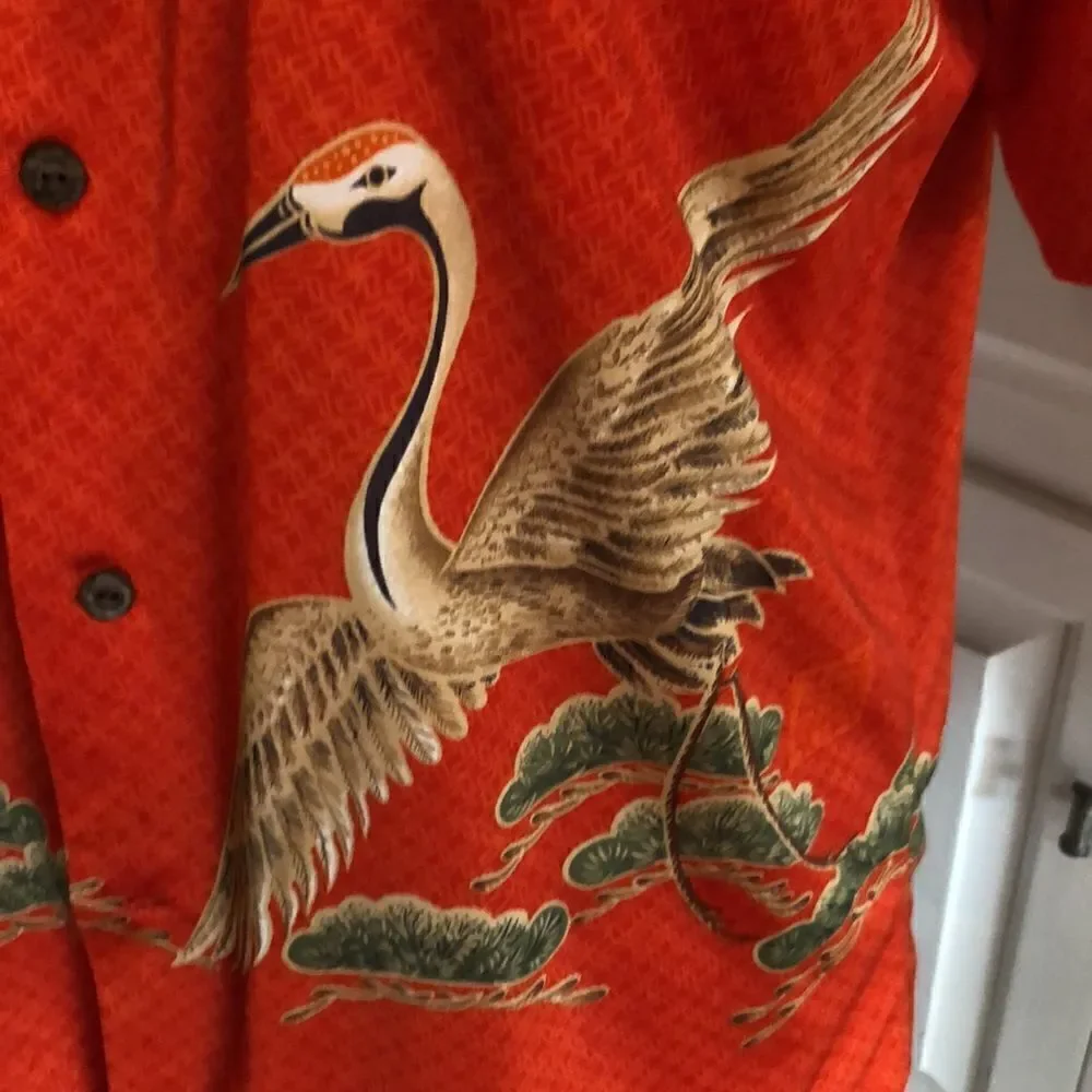 Vintage 1970s Hawaiian 🌺 made Aloha Shirt w/majestic Swan 🦢 in poppy orange